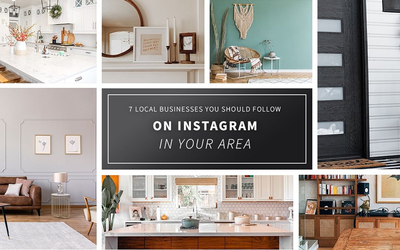 Collage of styled home interiors around a panel about local businesses to follow on Instagram.