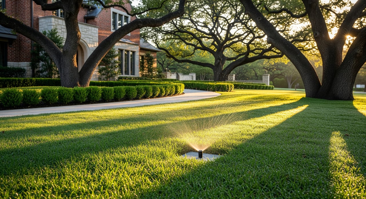 Sprinkler watering a manicured lawn beneath sprawling oak trees beside a brick house at sunset.