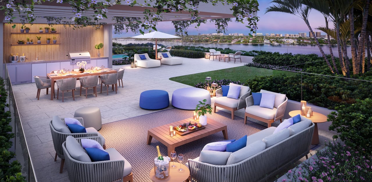 Rendering of adult lounge terrace at La Baia South in Bay Harbor Islands.
