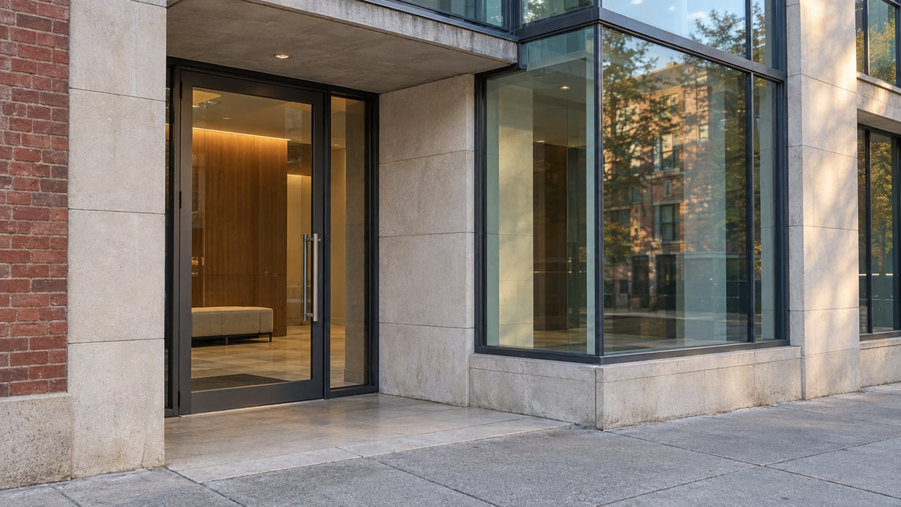 Close view of a limestone-clad condominium entrance with blue-green glass, charcoal frames and a warm oak-lined lobby.