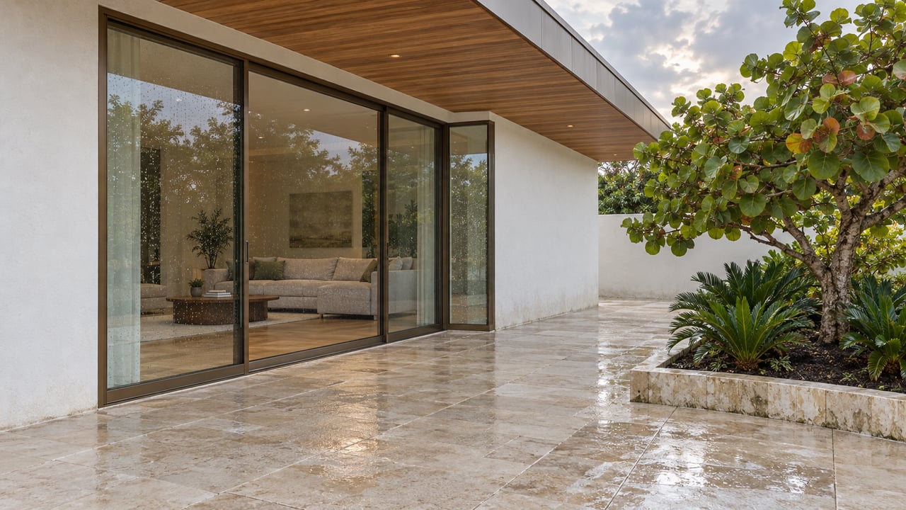 A white stucco home with bronze-framed glass doors, wood soffit and rain-damp limestone terrace beside a sea grape tree.