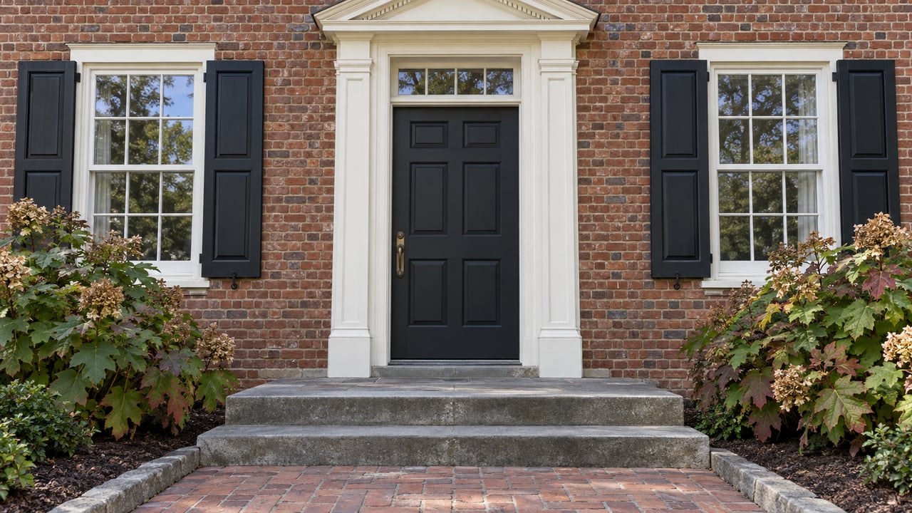 Red-brick residential entrance with a charcoal door, cream trim, paired shuttered windows, stone steps, and oakleaf hydrangeas in daylight.