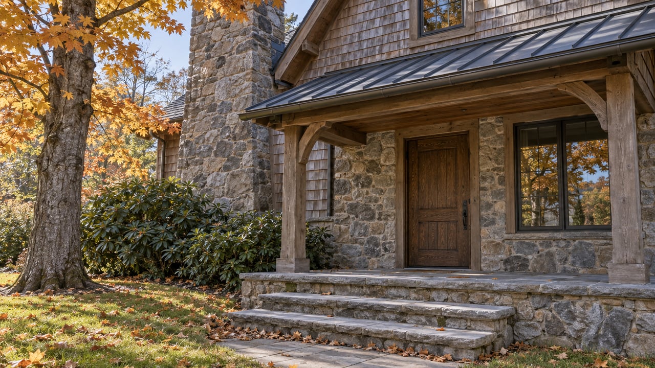 Wooded cottage entry with a fieldstone chimney, oak door, broad stone steps, and amber maple leaves.
