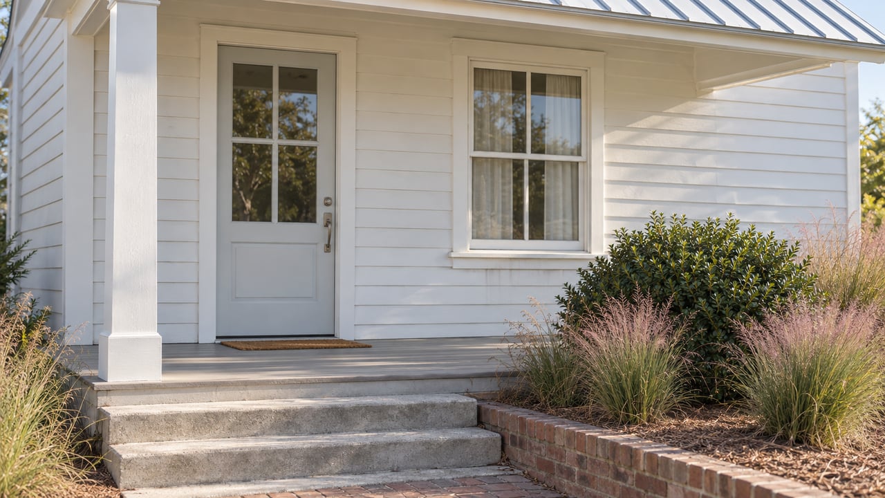 Raised house entry with a pale glazed door, four-pane window, three concrete steps, and clipped grasses.