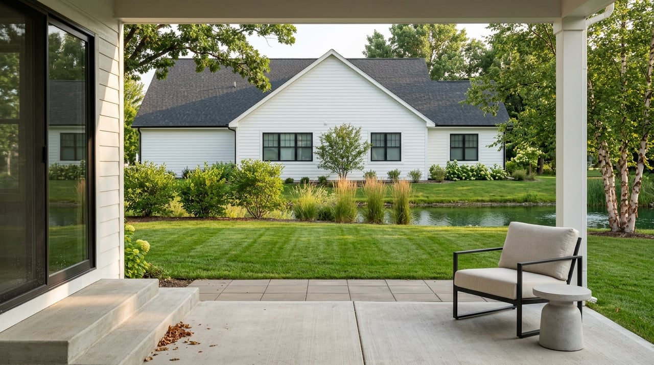 Covered patio with minimal furniture overlooks a landscaped yard and small pond with a planted shoreline.