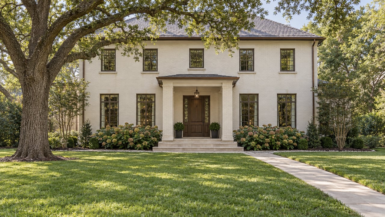 An ivory brick home with a slate roof, tall windows and a limestone entry beyond a broad lawn shaded by a mature live oak.
