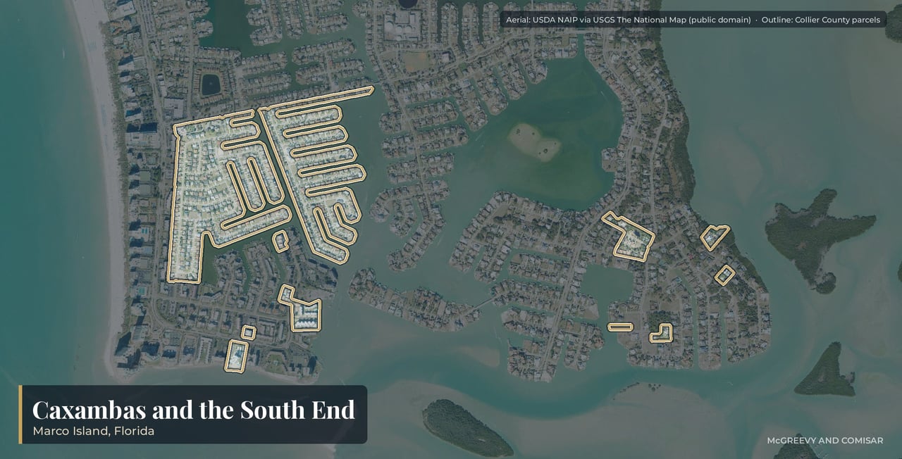 Aerial view of Caxambas and the South End on Marco Island, Florida, with Caxambas Pass