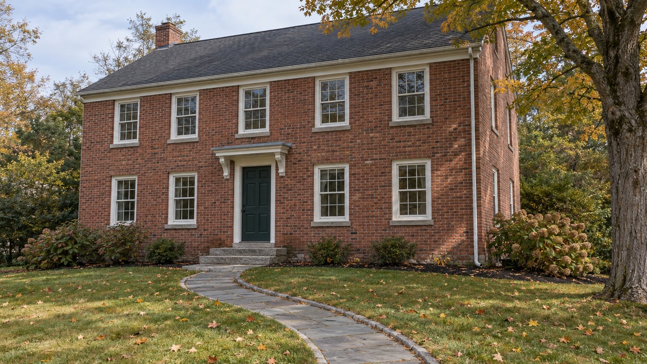 A red brick house with white sash windows, a green front door, a curved stone walk, and an autumn maple beside a broad front lawn.