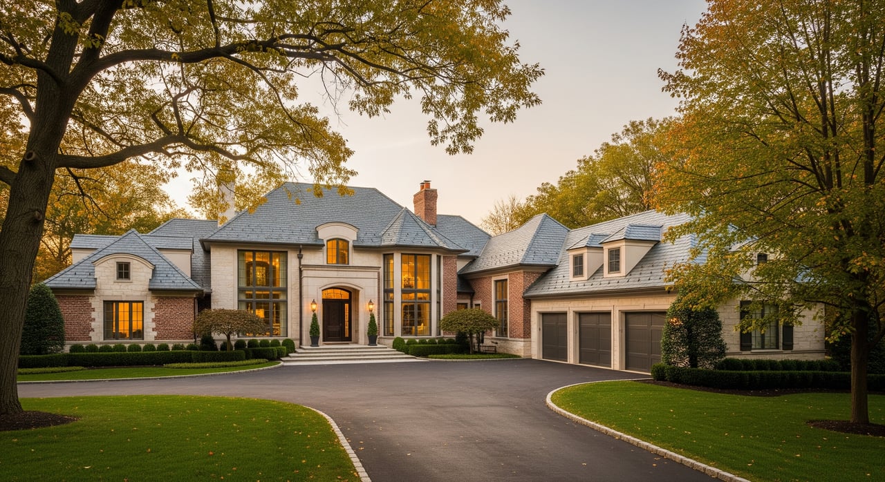 Large stone-and-brick house with a lit central entrance, three-car garage, and curved driveway beneath autumn trees.