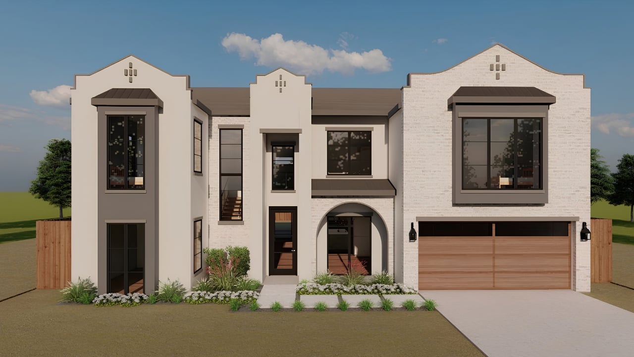 Modern two-story custom home with pale brick, arched entry, and wood-tone garage door.
