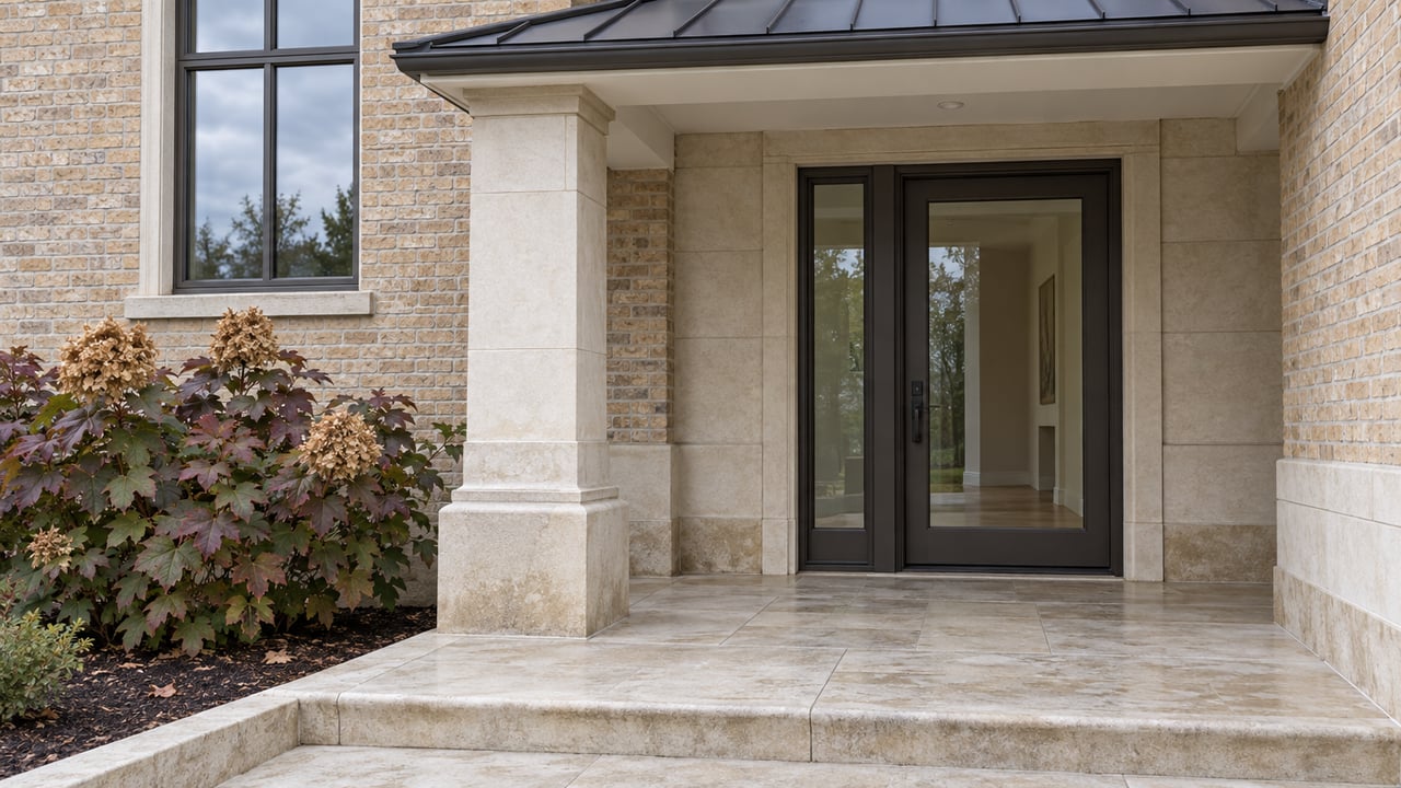 Home entrance with a covered stone porch, dark double doors, and autumn-colored landscaping.