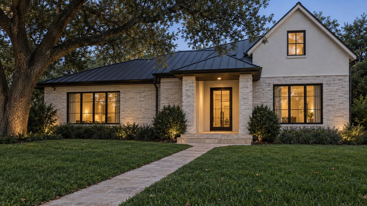 Limewashed brick home at dusk, with warm light glowing through black-framed windows and a limestone path across the lawn.