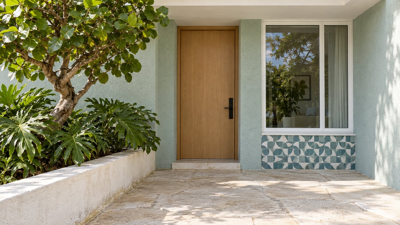 Seafoam stucco residence entrance with an oak door, mosaic tile, and a raised planter beneath a leafy tree.