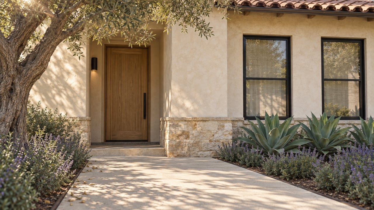 Stucco home entry with recessed oak door, dark-framed windows, olive tree canopy, and agave planting.