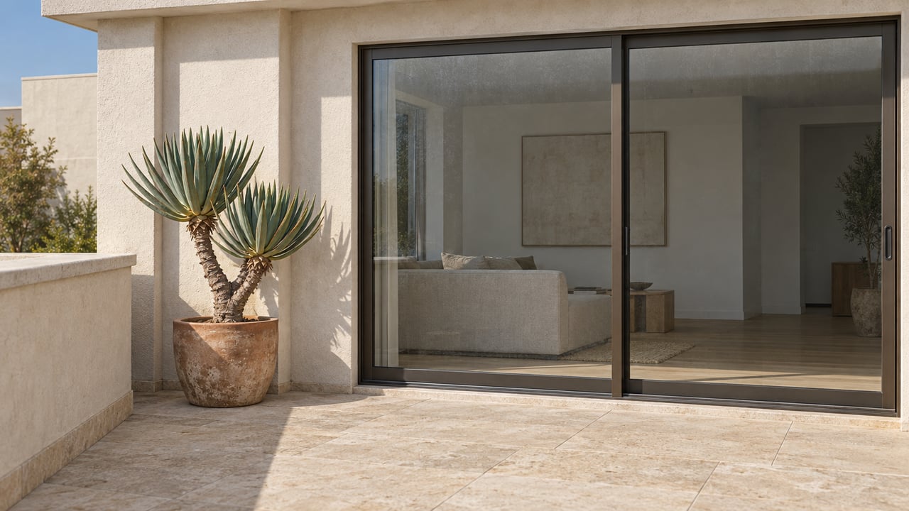Sunlit limestone apartment terrace with ivory stucco, bronze-framed glass doors and a sculptural fan aloe in a terracotta pot.