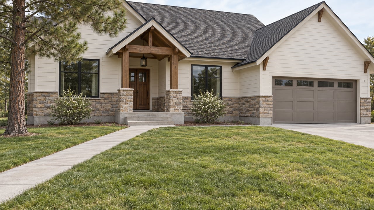 Detached gabled home with off-white siding, stone lower walls, a broad garage, and a deep lawn crossed by a walkway.