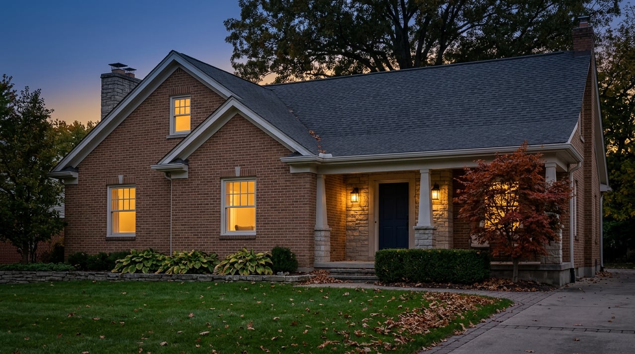 Two-story brick-and-stone home with glowing windows, a covered porch, and a mature oak against the blue-hour sky.