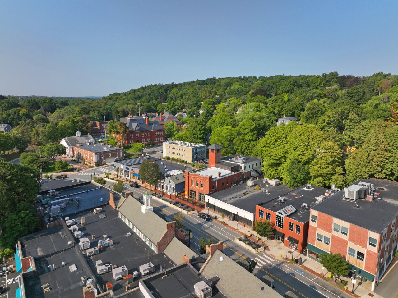 Aerial view of Belmont’s downtown shops and streets beside a wooded hillside.