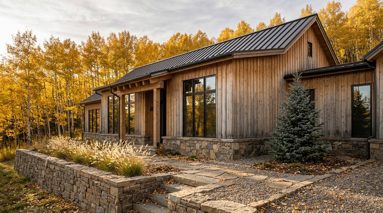 Mountain home with silver-gray and honey cedar siding, stone base, black roof, and golden aspens behind it.