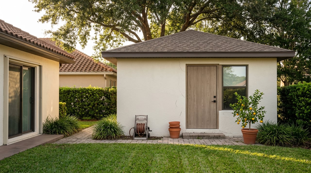 A small stucco backyard structure beside a home, with a paver path, citrus tree, and live oak canopy.