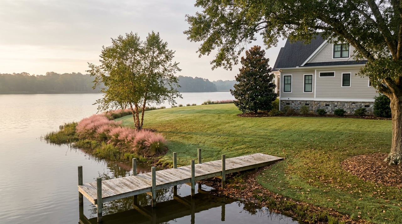Graded lawn slopes to a weathered wooden dock beside still water, with a light-sided house at right.