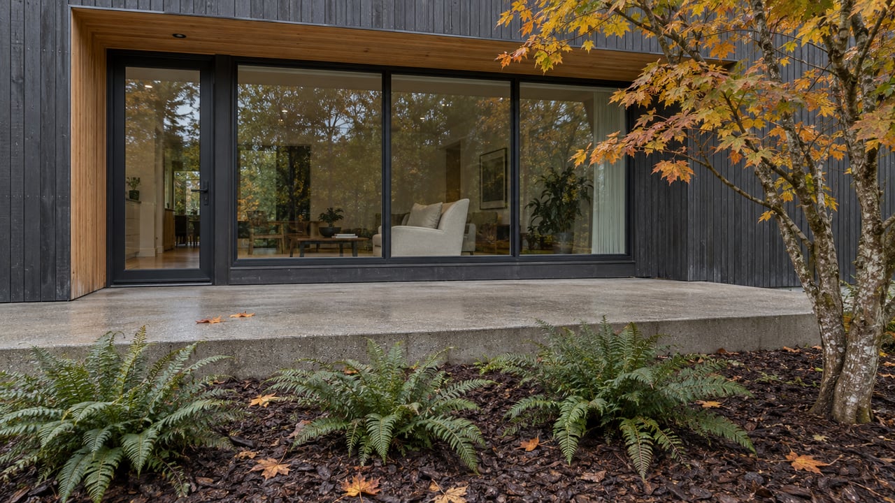 Dark wood-clad home with cedar accents and a low concrete terrace beside an autumn vine maple and three sword ferns.