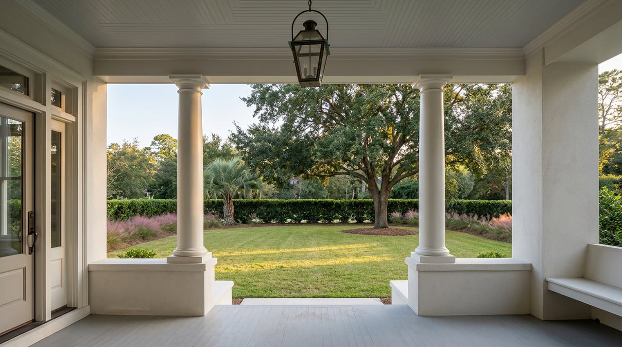 Covered porch framed by round columns, looking across a lawn toward a mature live oak and clipped hedge.