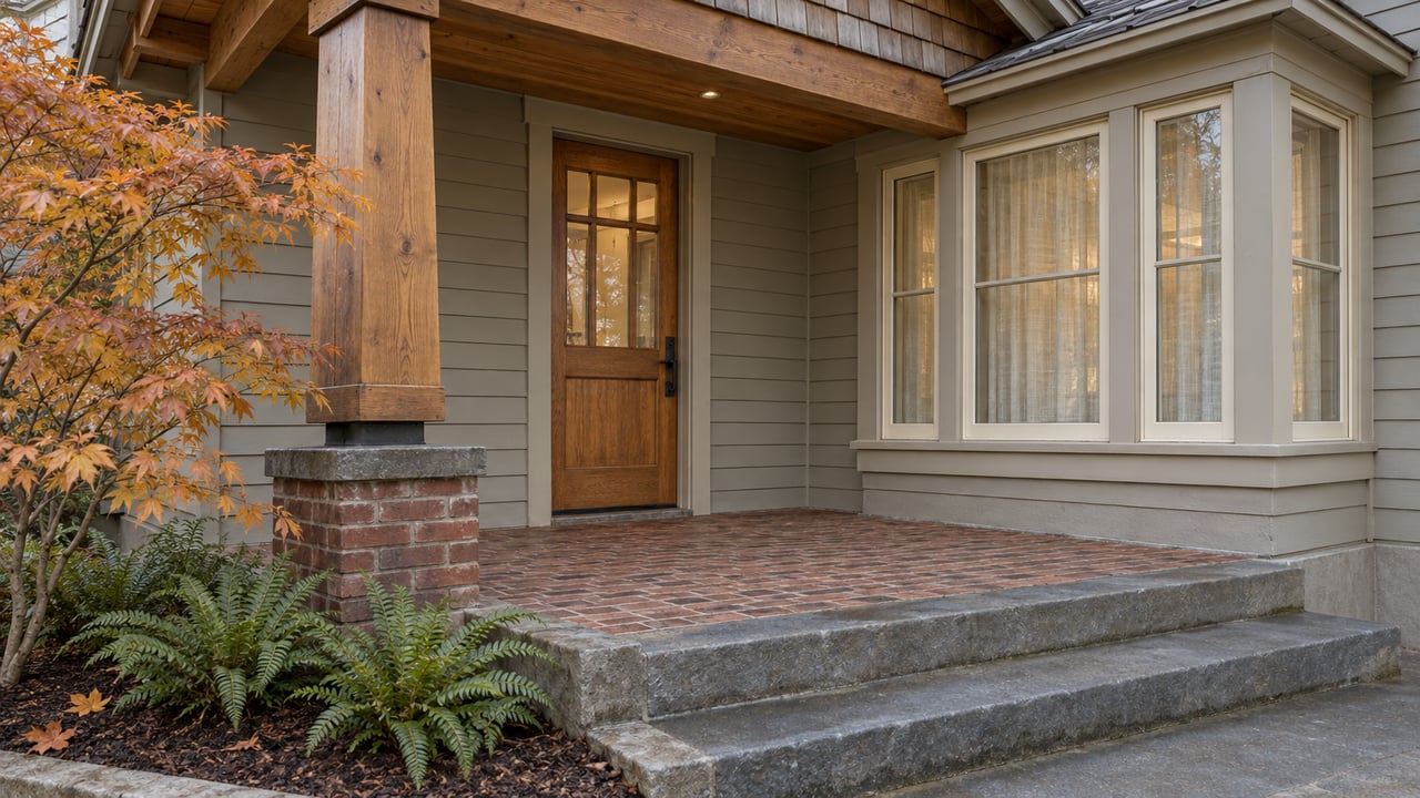 Close view of a timber-covered home entrance with gray lap siding, a projecting window bay, brick porch and damp stone steps beside autumn vine maple and sword ferns.