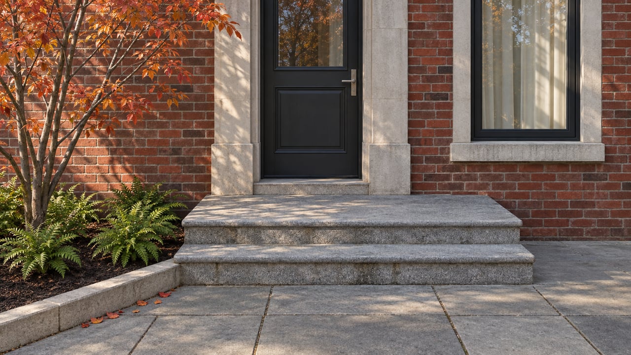 Red-brick home entrance with a charcoal door, limestone surround, granite steps and orange-red serviceberry leaves.
