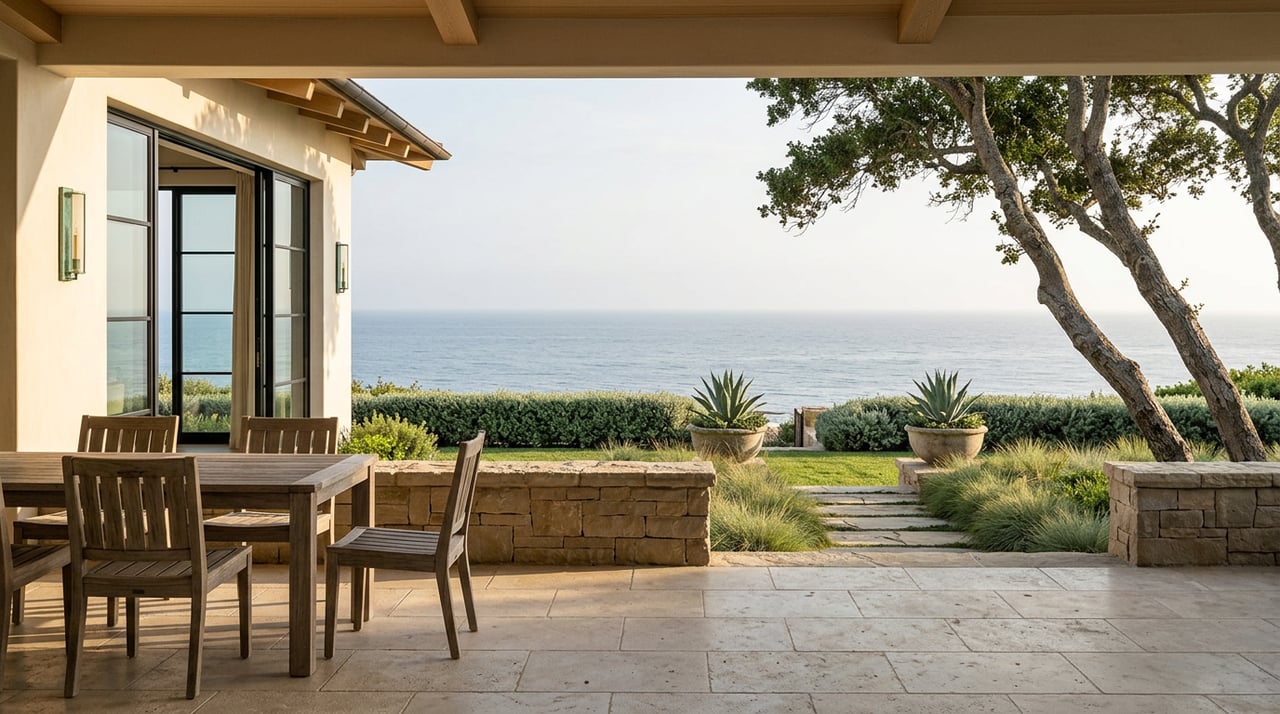 Coastal terrace with a weathered teak table, agave planters, and an ocean horizon beyond a low stone wall.