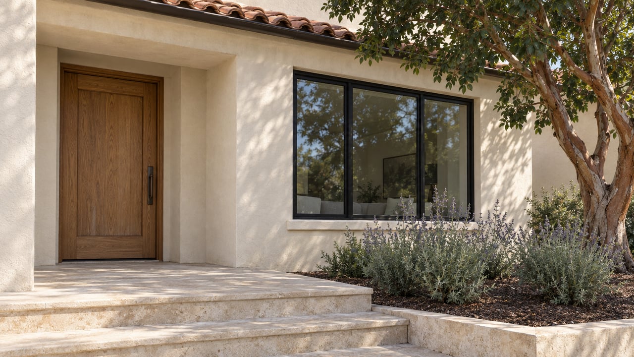 Oak front door and black-framed window beneath a terracotta eave, with limestone entry steps and a sculptural strawberry tree.