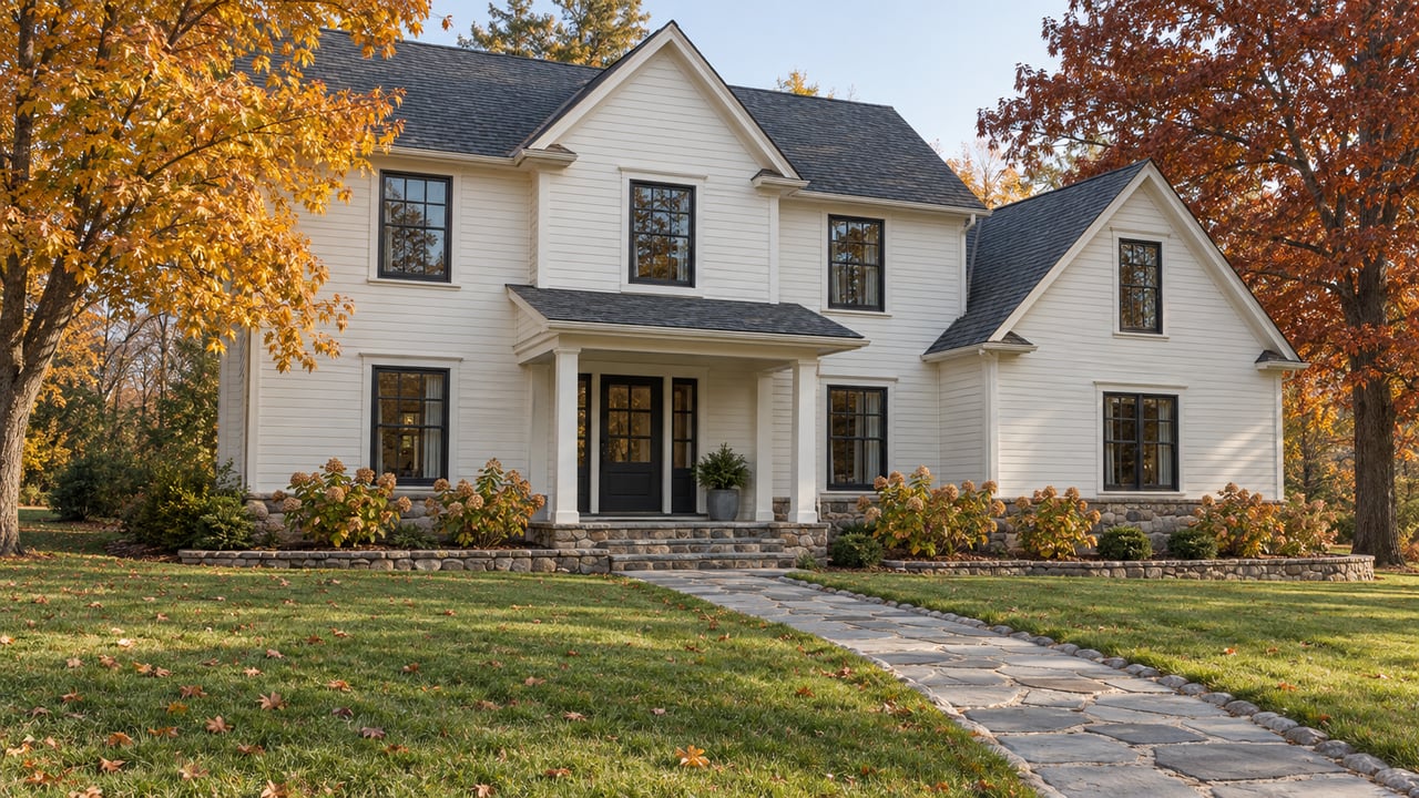 Cream clapboard home with steep gables, a covered entry and bluestone path across a rolling autumn lawn, framed by amber and russet deciduous trees.
