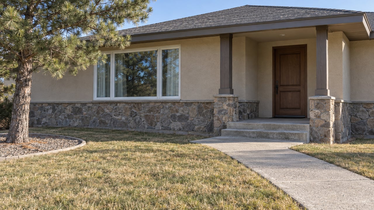 An established single-story stucco home with stone accents, a recessed timber-post porch, and a concrete walk crossing an autumn lawn beneath a mature single-leaf pinyon pine.