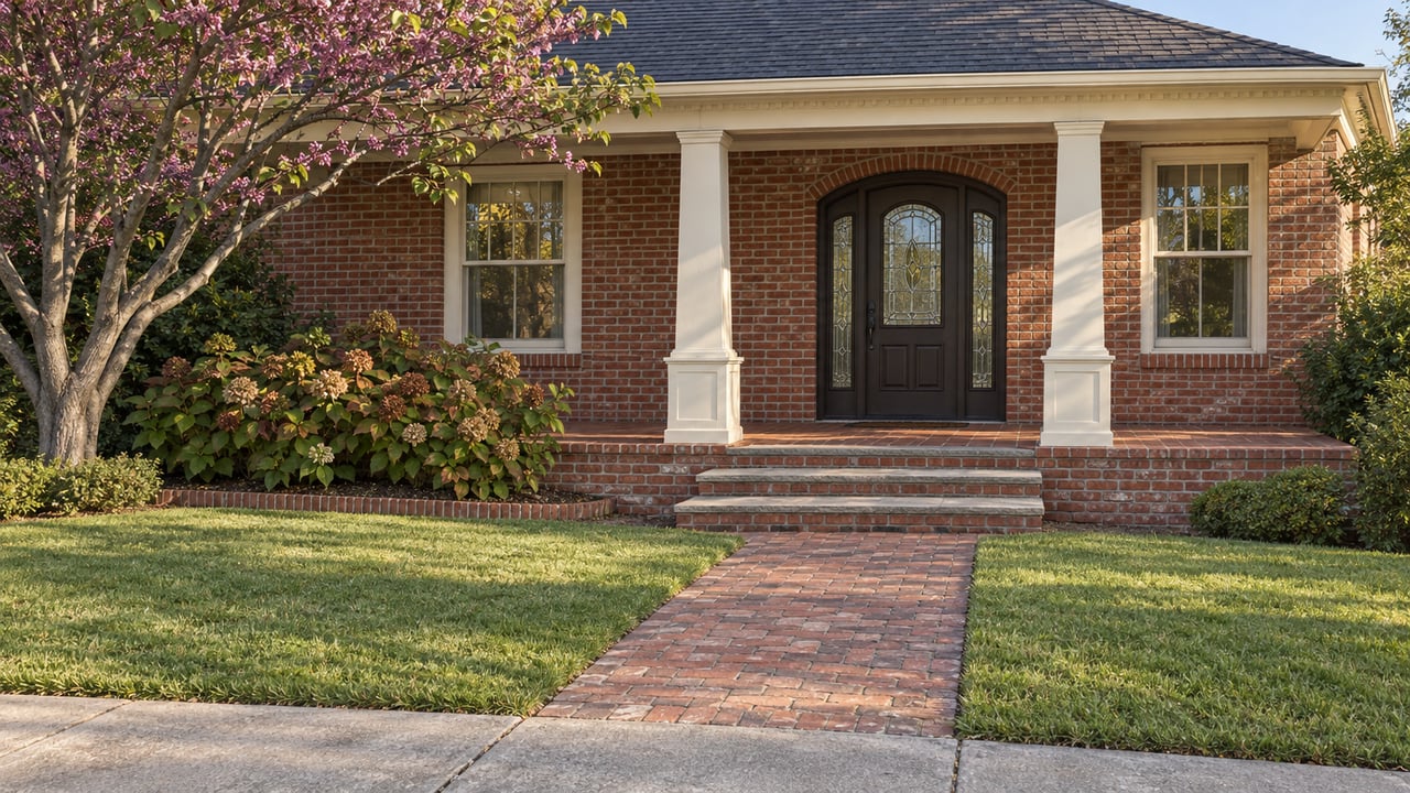 Warm afternoon light on a red-brick home with cream porch columns, an arched glass entry and a short brick path through the front lawn.