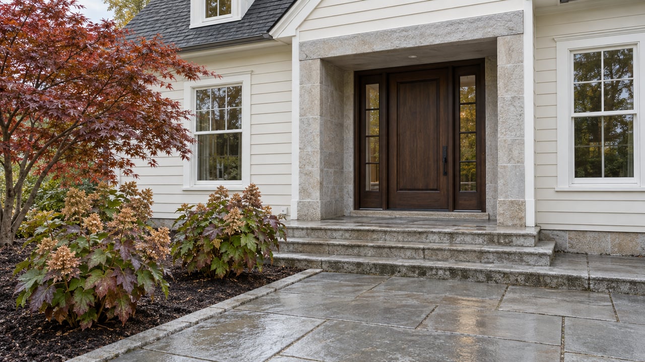 Rain-damp stone steps lead to a recessed oak front door on an ivory clapboard home, beside a copper-leaved Japanese maple and oakleaf hydrangeas.