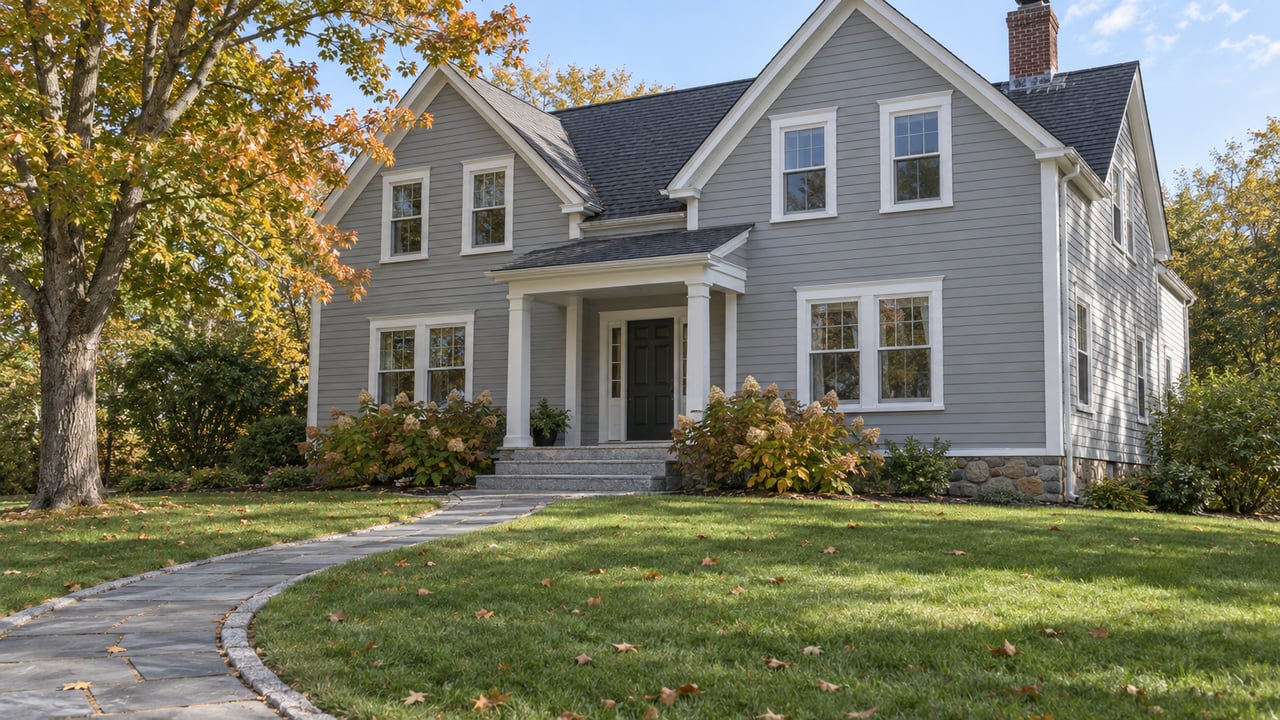 Gray clapboard house with white-trimmed gables, a covered entry, and a deep autumn lawn beneath a turning maple.