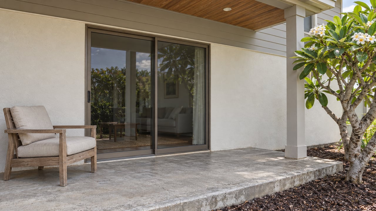 A covered side terrace with warm wood soffits, cream stucco, closed sliding glass doors and a weathered teak chair beside a flowering tree.