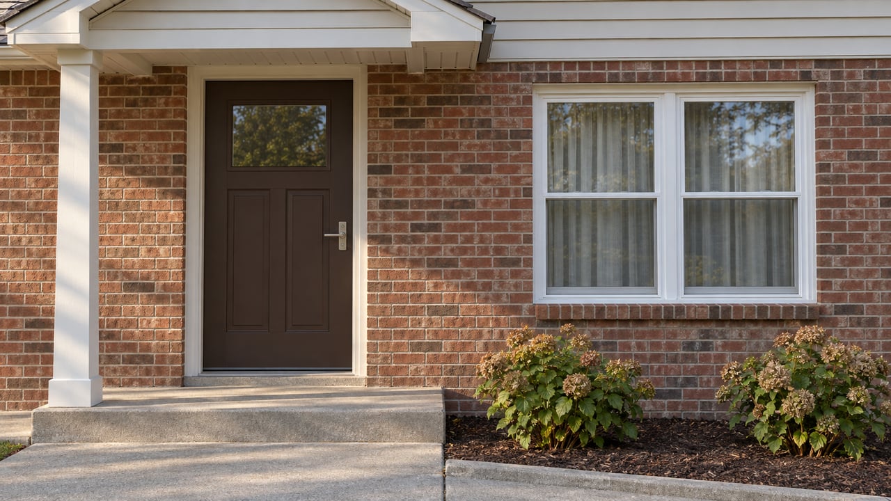Close view of a red-brown brick home with a brown front door, paired white windows, a concrete porch, and two hydrangea shrubs.