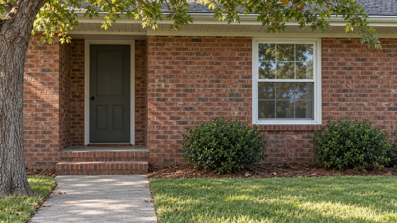 Brick house entry with a white-framed window, concrete walkway, shallow brick steps, and lawn.
