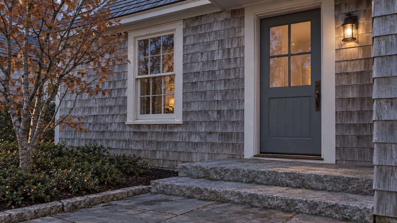 Coastal house entry with a glazed wood door, divided-light window, granite steps, and a warm wall sconce.