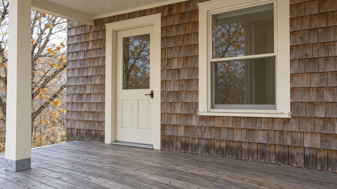 Weathered cedar-shingle home entry with cream trim and gray porch boards beneath a covered roof, beside sparse autumn maple branches.