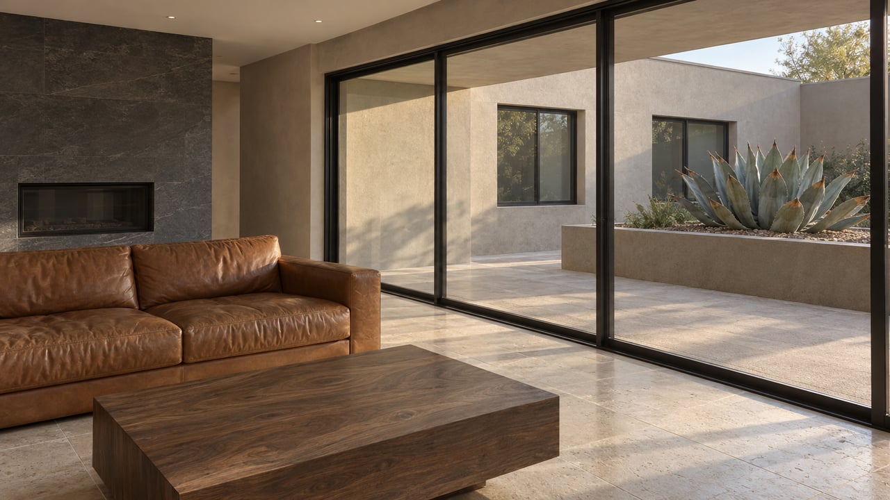 Sunlit sitting room with a cognac leather sofa, limestone floor and black-framed glass doors overlooking an enclosed desert-planted terrace.