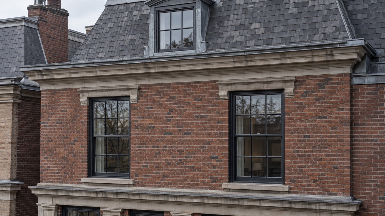 Red-brown brick rowhouse facade with two sash windows beneath a slate mansard roof and dormer.