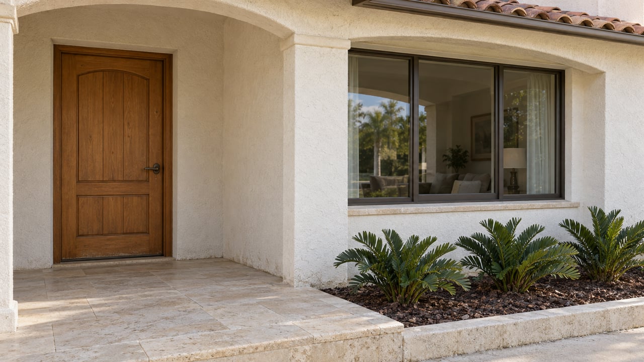 Sunlit arched entry porch with a wood front door, bronze-framed window, limestone paving, and three coontie plants.