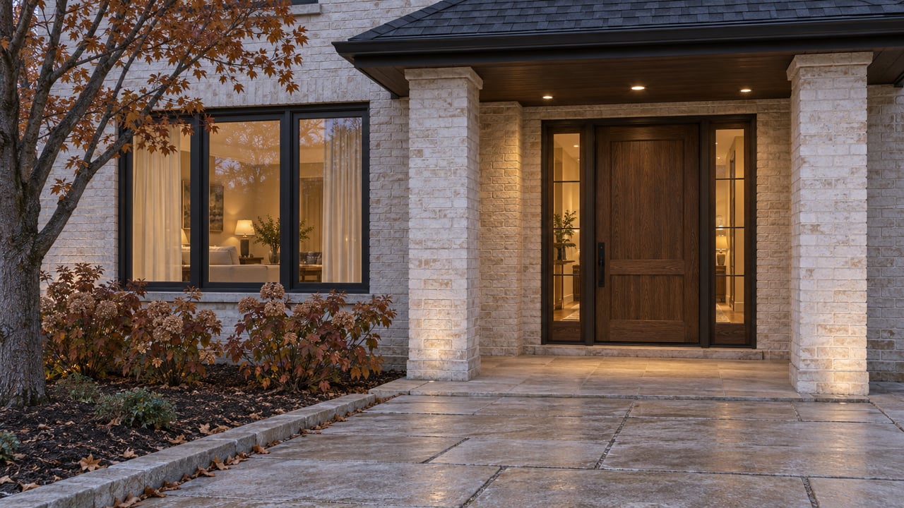 Pale brick home at blue hour with an oak front door, warm windows, limestone approach and russet oakleaf hydrangeas.