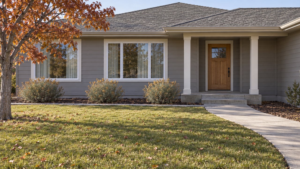 Single-story home with gray lap siding, an oak front door, a broad autumn lawn and a copper-leaved maple.