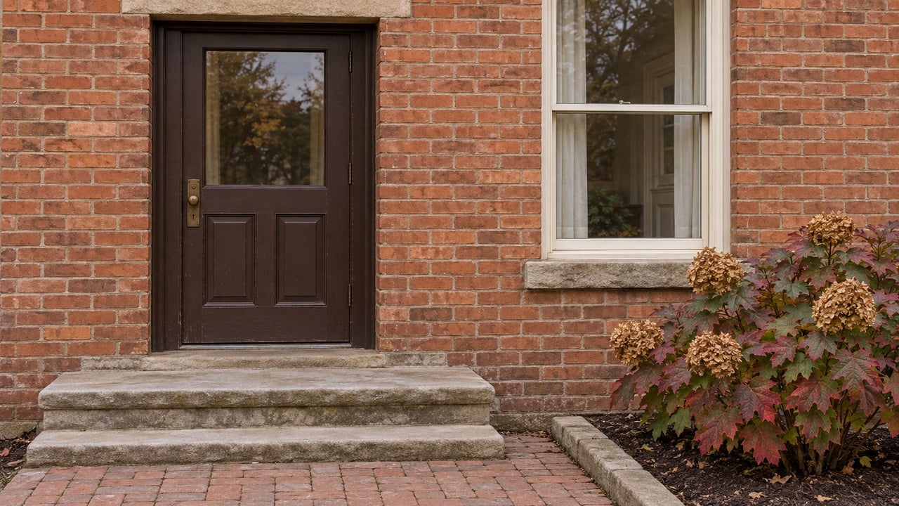 A weathered brick home's closed timber entry and cream-painted window above sandstone steps, beside an oakleaf hydrangea with autumn leaves.
