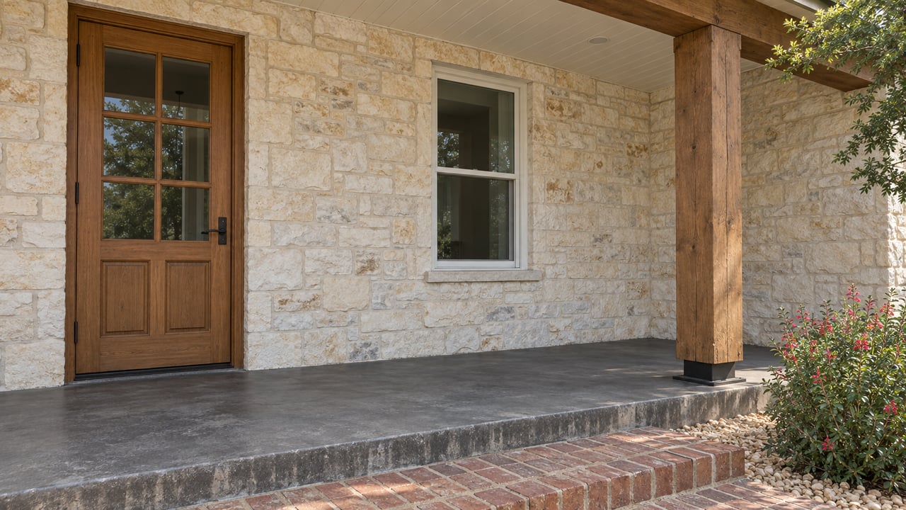 Covered limestone entry with a divided-light wood door, creamy beadboard ceiling, timber support and charcoal concrete porch stepping down to brick pavers.