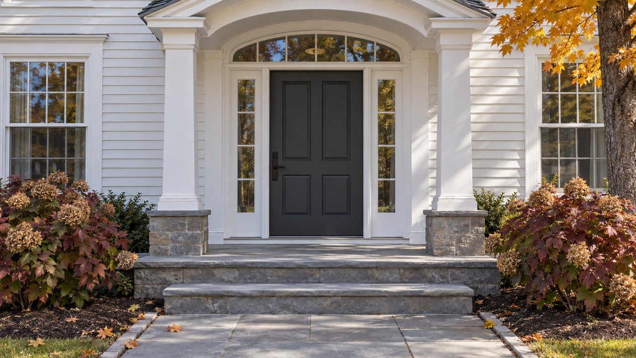 White clapboard home with a charcoal front door, arched transom, bluestone steps and gold-orange maple leaves.