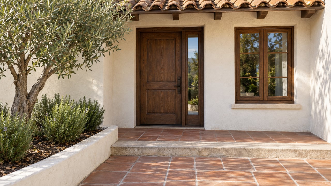 Cottage entrance with a dark oak door, terracotta paving, and an olive tree in a raised bed.